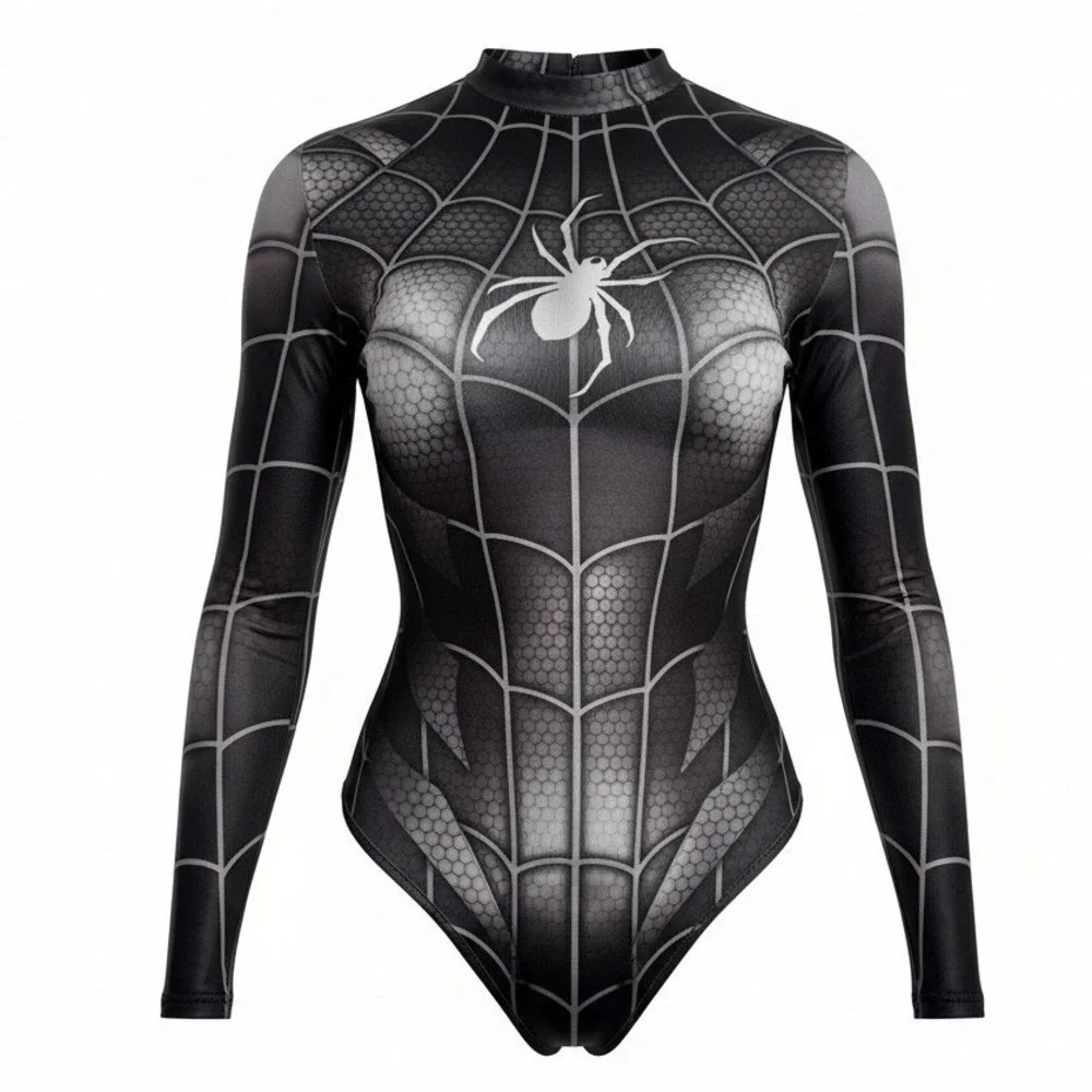 New Small Black‎ Spider Web Long Sleeve Bodysuit Spiderman Superhero Costume